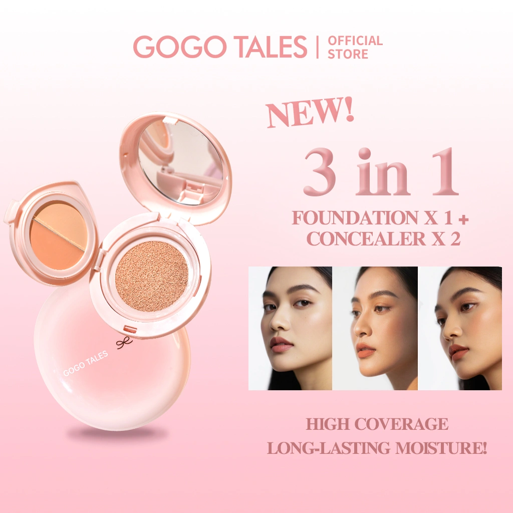 [NEW FORMULA] GOGO TALES Cushion Foundation Concealer 3-in-1 Tahan Lama Full Coverage Glowing Matte Ringan Halus Tidak Crack Makeup Base Wajah Long-Lasting Moisture GT675