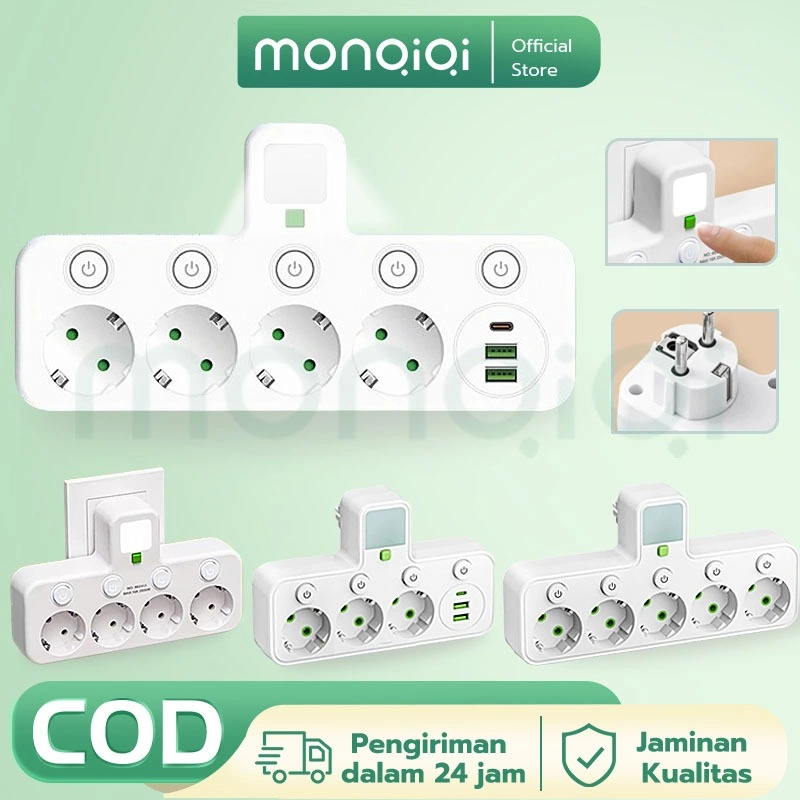 MONQIQI 7IN1 Stop kontak Multi Outlets Expander  EU Plug Power Strip Home Office 2/3/4/5 Lubang Type-c USB