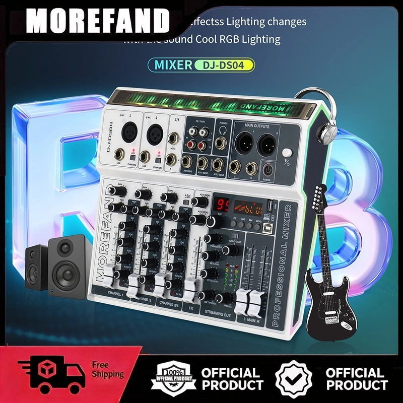 Mixer DJ-DS04 - Lampu RGB Cerah + 99 Efek DSP, Mendukung Bluetooth/ Rekaman/ Daya 48V, Pilihan Utama Peralatan DJ Siaran Profesional, Mixer Amplifier - Cocok untuk Semua Skenario KTV Rumah, dengan Equalizer dan Sound Card Terintegrasi!