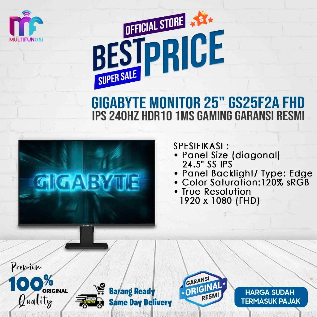 Gigabyte Monitor 25" GS25F2A FHD IPS 240Hz HDR10 1ms Gaming Garansi Resmi