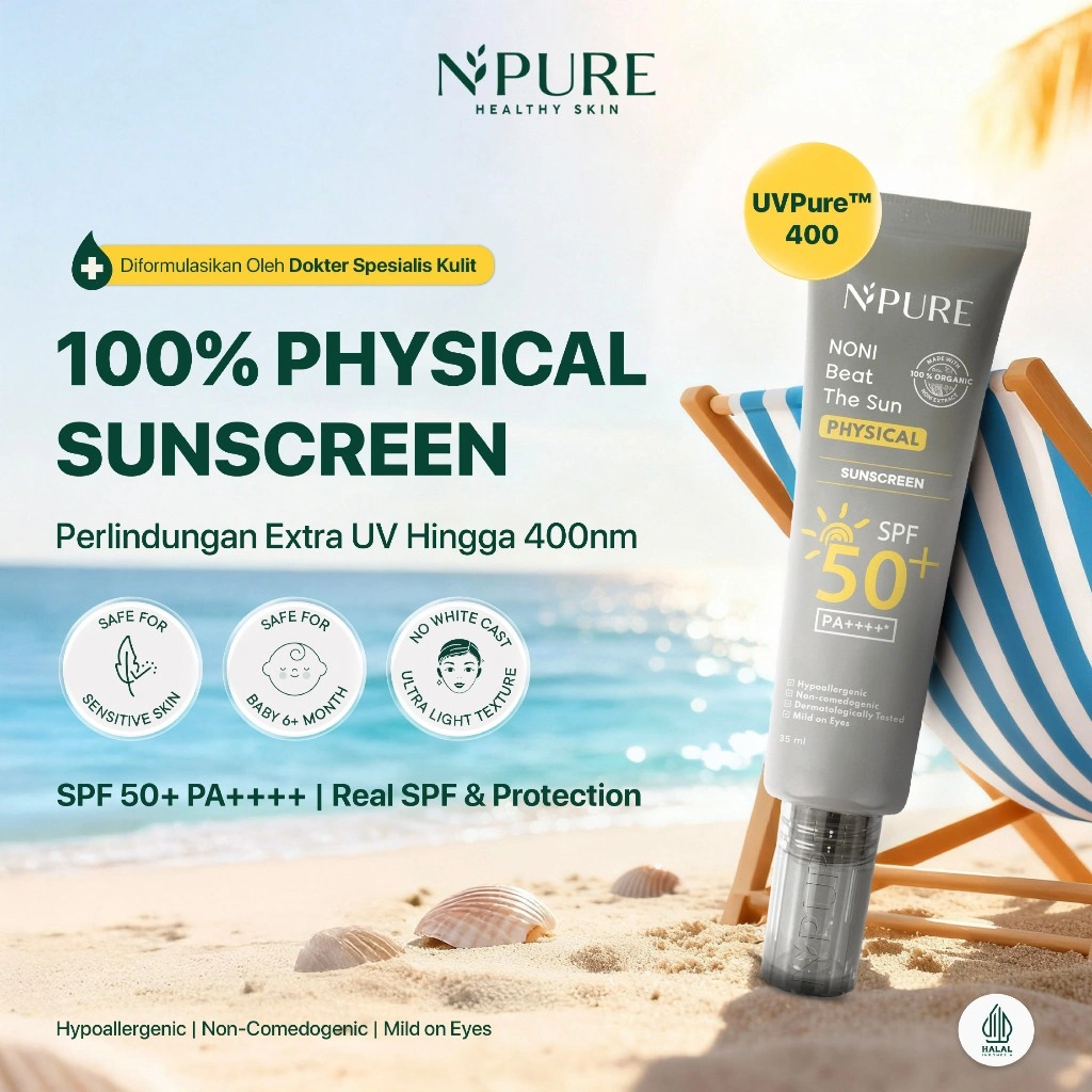 NPURE Physical Sunscreen Noni Beat The Sun SPF 50+ PA ++++ Perlindungan Sinar Matahari Optimal untuk Kulit Anda