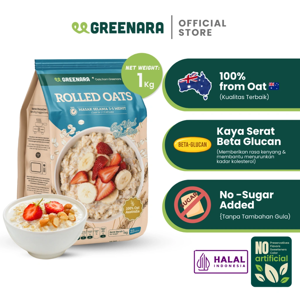 Greenara Natural Rolled Oat Australia 1Kg / Oat Utuh