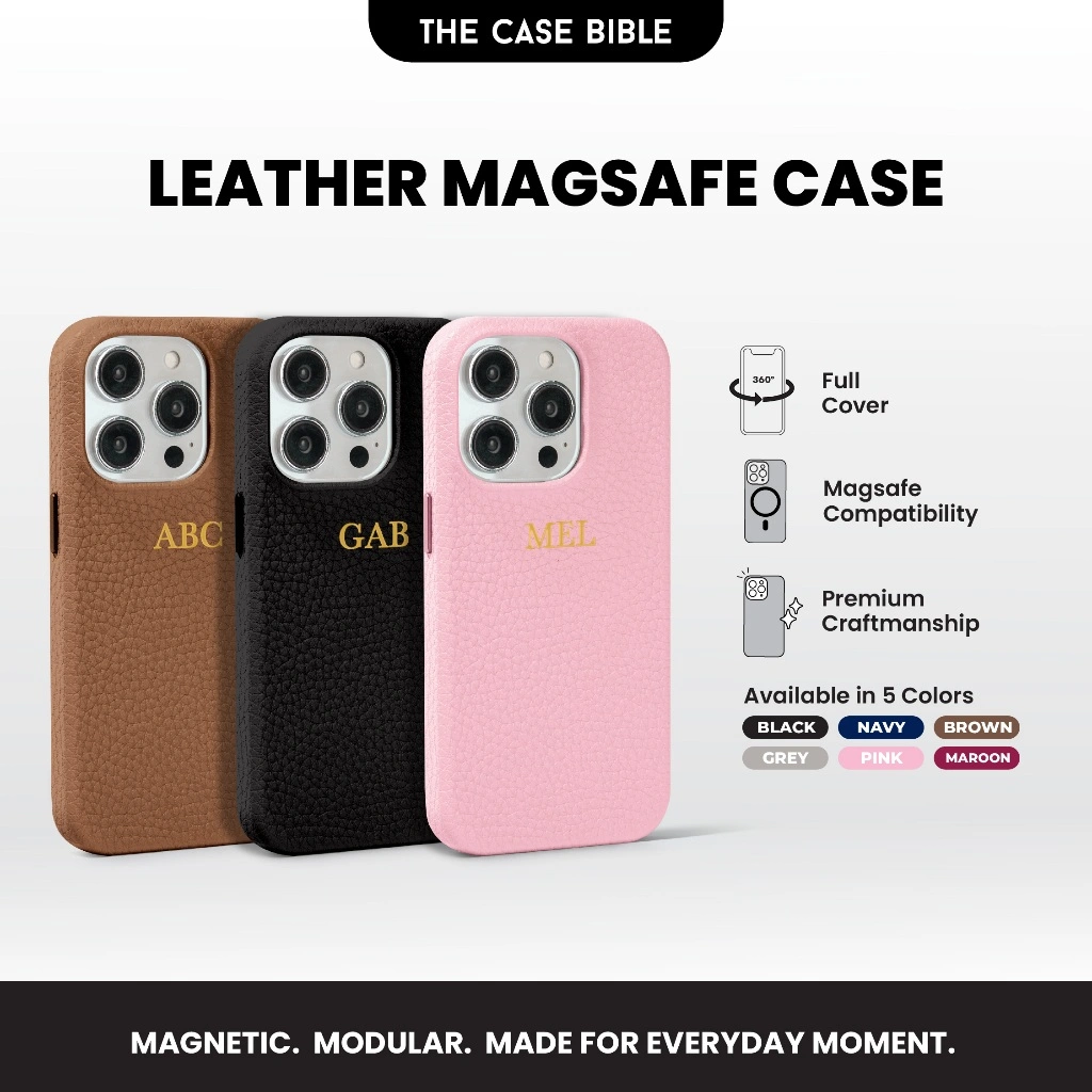 Leather Magsafe Case iPhone 17 16 15 14 Pro Max | Premium Magnet Full Cover Initial Case Kulit THE CASE BIBLE