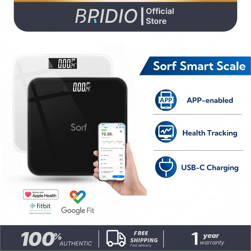 Bridio x Sorf Timbangan Badan Digital Pengukur Lemak Tubuh BMI Smart Body Fat Scale Bluetooth 180kg - Analisis 15+ Data Kesehatan Badan via APP, LED Display Suhu Ruangan & Charging Type-C, Garansi 1 Tahun