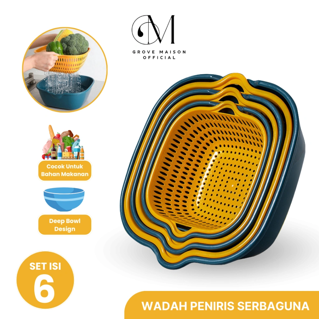 GROVE MAISON Saringan Sayur Buah Baskom Plastik Pencuci Baskom set  6in1 Peniris Air Keranjang Tirisan Multifungsi Saringan Serbaguna