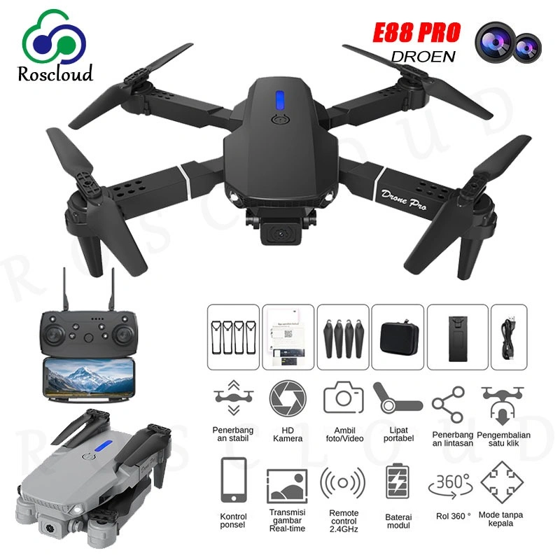 ROSCLOUD E88 Drone, Bisa COD /E88 Pro Drone Anti Tabrak Drone Mini Dengan Kamera HD Drone E88 Pro 4K HD Dual Camera Shoot Smart Drone