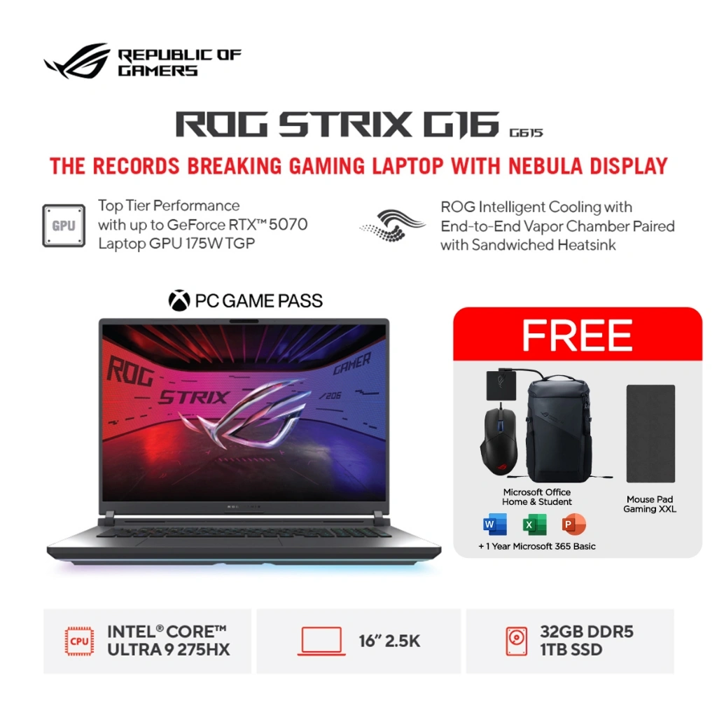 ASUS ROG Strix G16 G615LP Ultra 9 275HX RTX5070 1TB SSD 32GB 2.5K WQXGA 100%sRGB 240Hz 3ms Win11+OHS