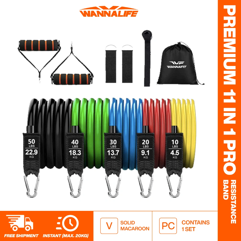 WANNALIFE Premium 11 in 1 Pro Resistance Band Set | Alat Olahraga Rumah