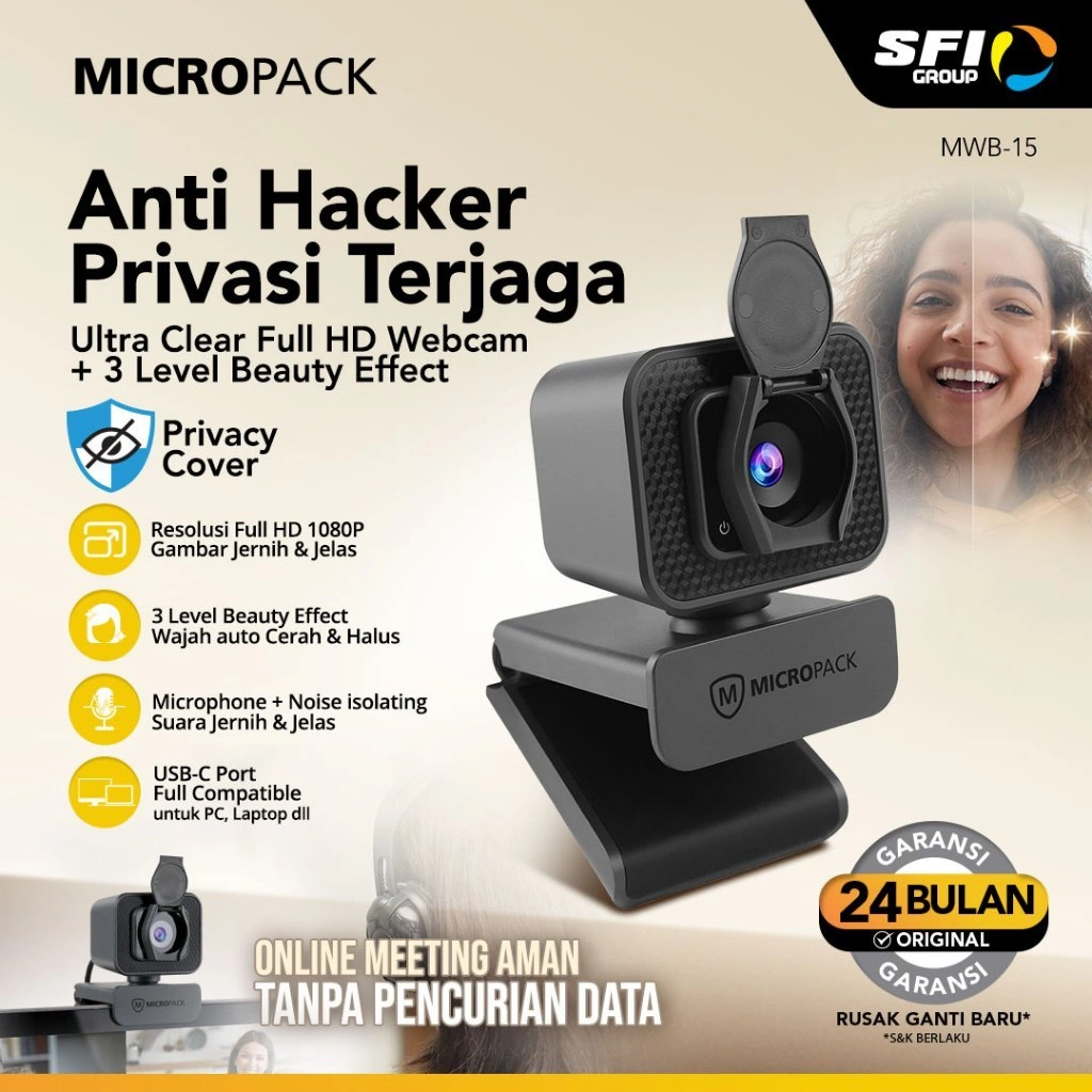 Micropack Webcam Premium Full HD 1080P - Anti Hacker - Privacy Cover - Built-in Noise Isolating Mic - Beauty Effect - MWB-15