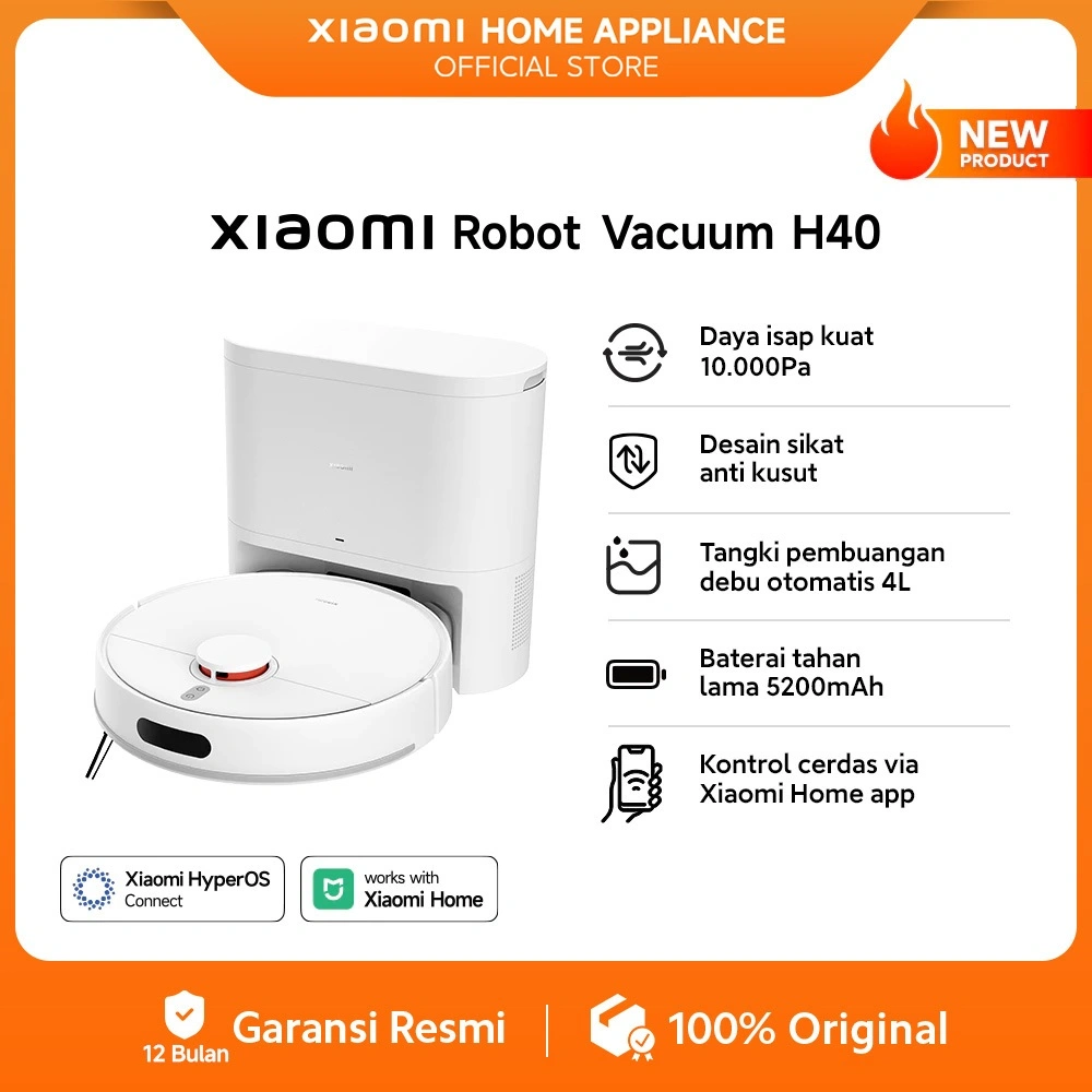 Xiaomi Robot Vacuum H40 | Daya isap kuat 10.000Pa | Desain sikat anti kusut | Pembuangan debu otomatis | Baterai tahan lama 5200mAh | Kontrol cerdas via Xiaomi Home app [Official Store]