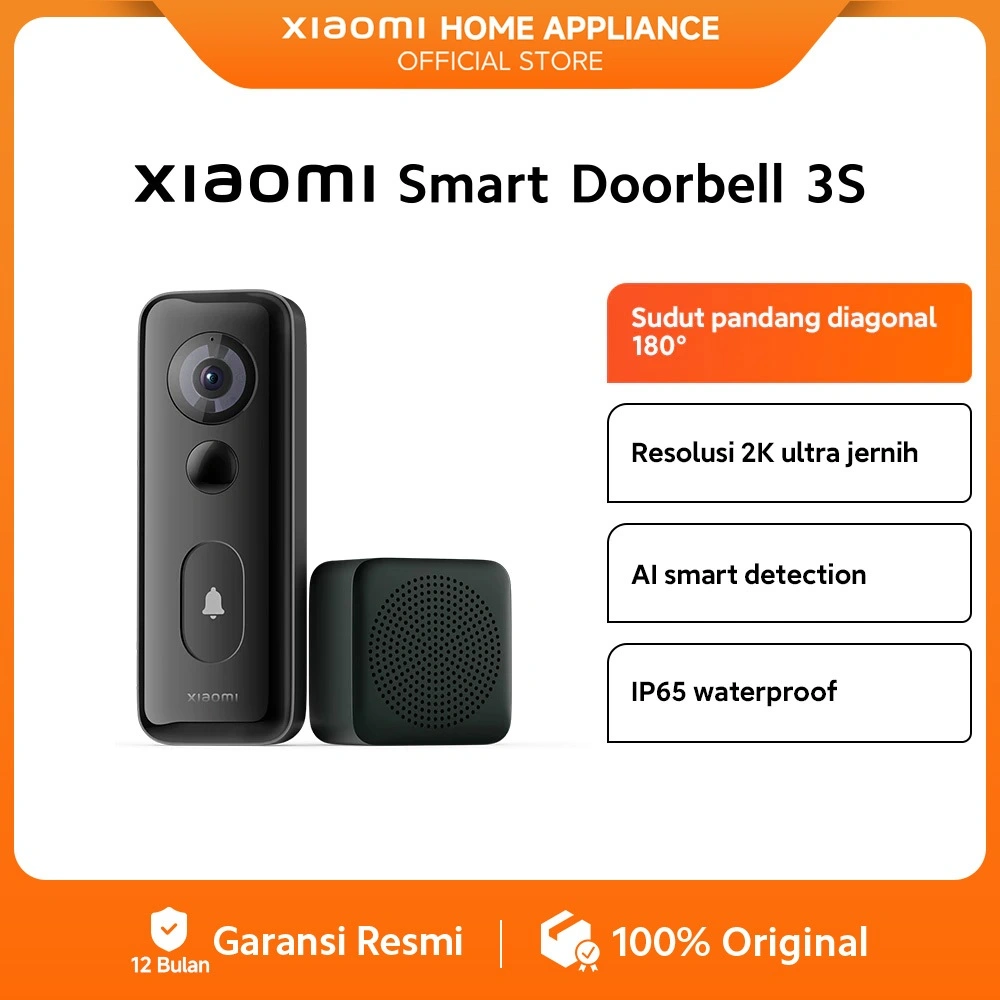 Xiaomi Smart Doorbell 3S | Sudut Pandang 180° | Resolusi 2K ultrajernih | IP65 waterproof [Official Store]
