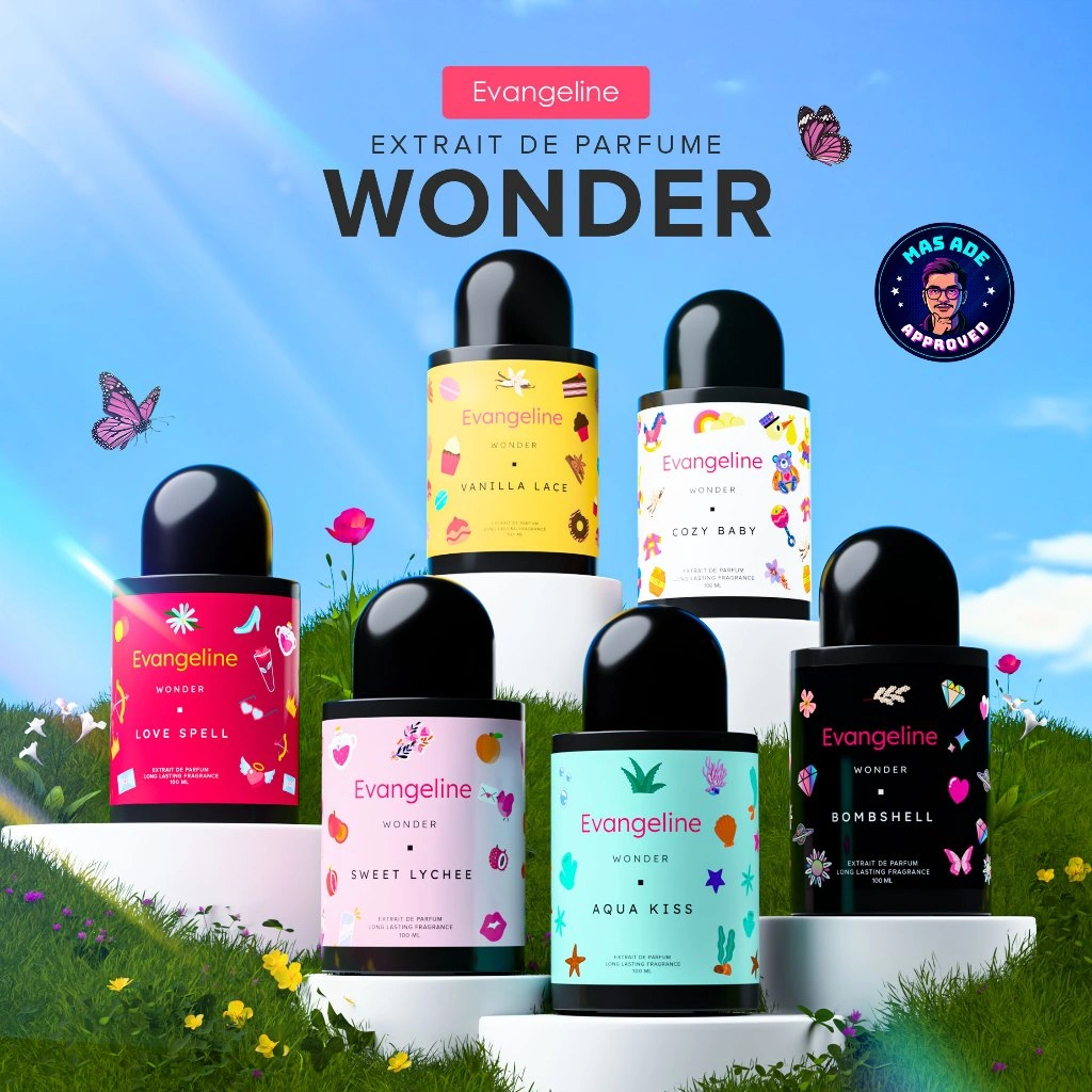 Evangeline Wonder Series - Extrait De Parfum 100 ML | Parfum Perfume Minyak Wangi Wanita Pria Tahan Lama - Aqua Kiss / Sweet Lychee / Bombshell / Vanilla Lace / Love Spell / Cozy Baby