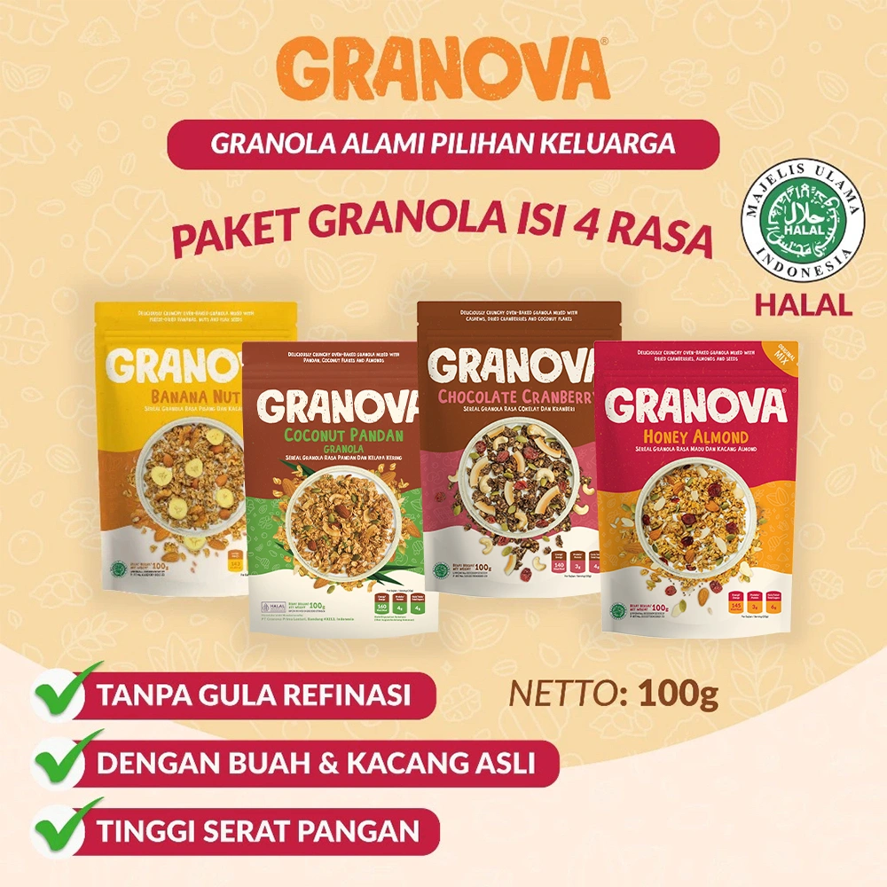 Granova - Granola 100 gr x 4 pcs (Honey Almond, Choco Cranberry, Banana Walnut, Coco Pandan) - Sereal, Sarapan Sehat, Halal