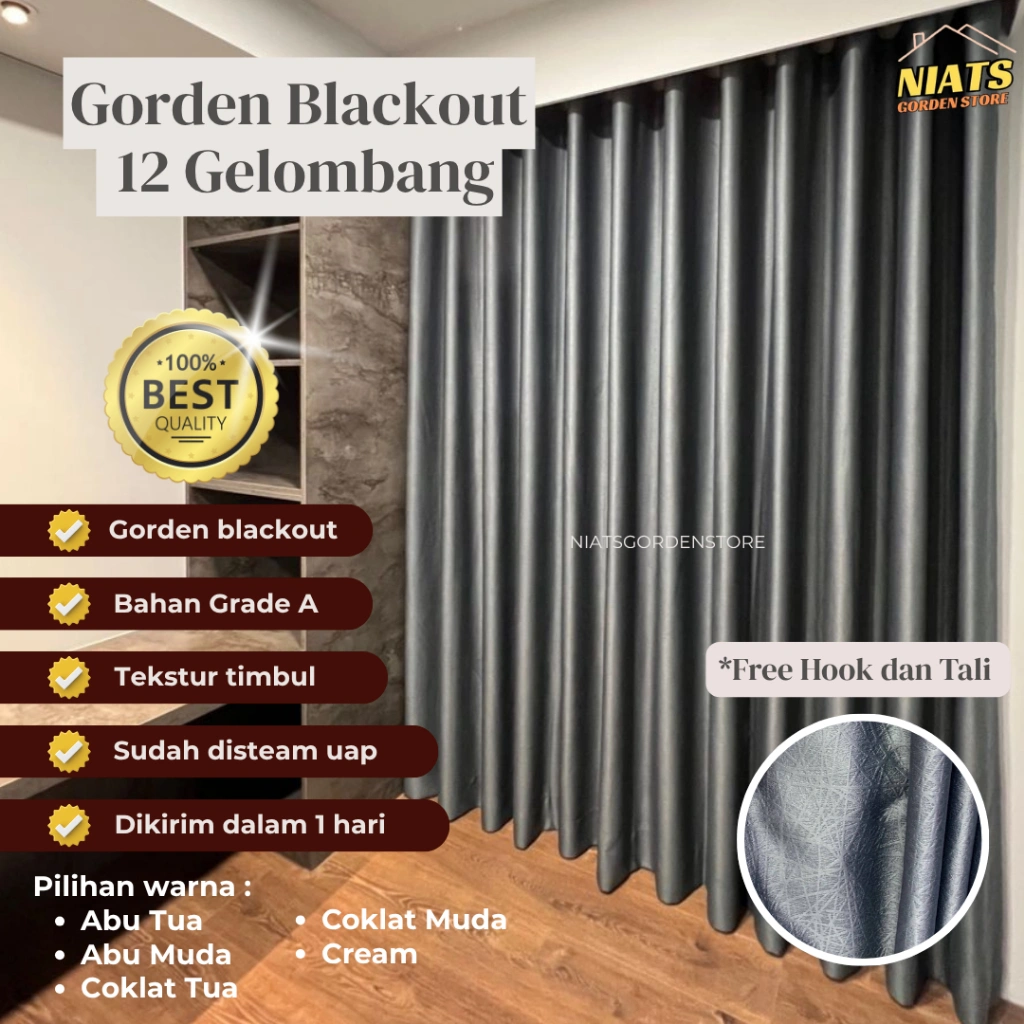Gorden Blackout Premium Grade A 12 Gelombang – Hordeng Jendela & Sekat Ruangan Custom