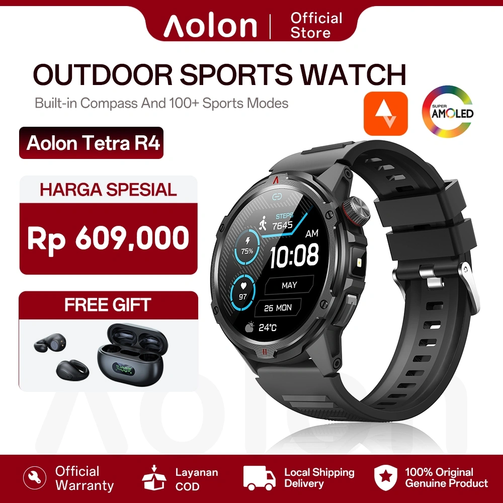 Aolon Tetra R4 Smartwatch Amoled AOD Cover Lock Compass Bluetooth Call Smart Watch 1.46inch Display Heart Rate Blood Oxygen Sleep Monitoring GPS