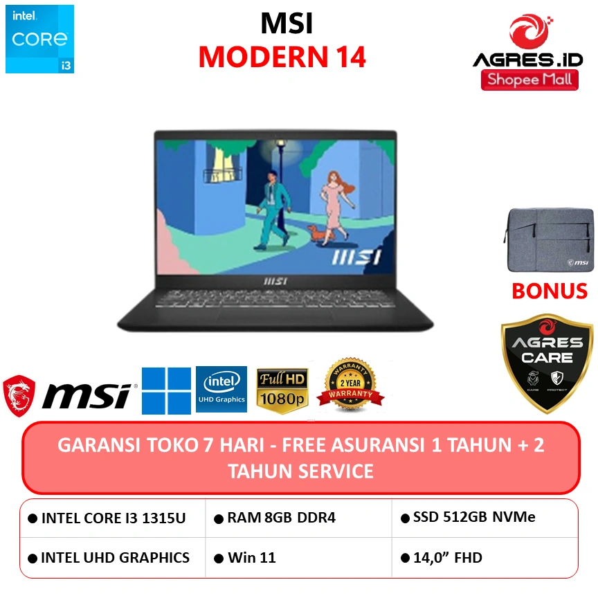 MSI MODERN 14 I3 1315 8GB 512GB W11 14.0FHD BLIT IPS 2Y BLK -C13M.1468