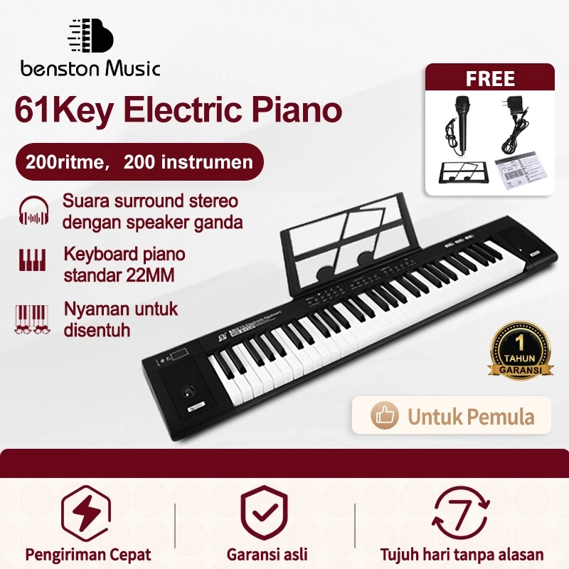 Benston Music- Piano Elektronik Multifungsi, Piano 61-Key, Piano Elektronik Profesional Rumah Pintar