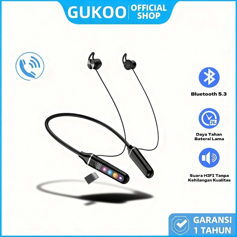 GUKOO TWS NECKBAND HEADPHONE BLUETOOTH - LAYAR DIGITAL**, MICRO SD, SUARA DIUBAH, **BATERAI 24JAM** - BARANG READY!