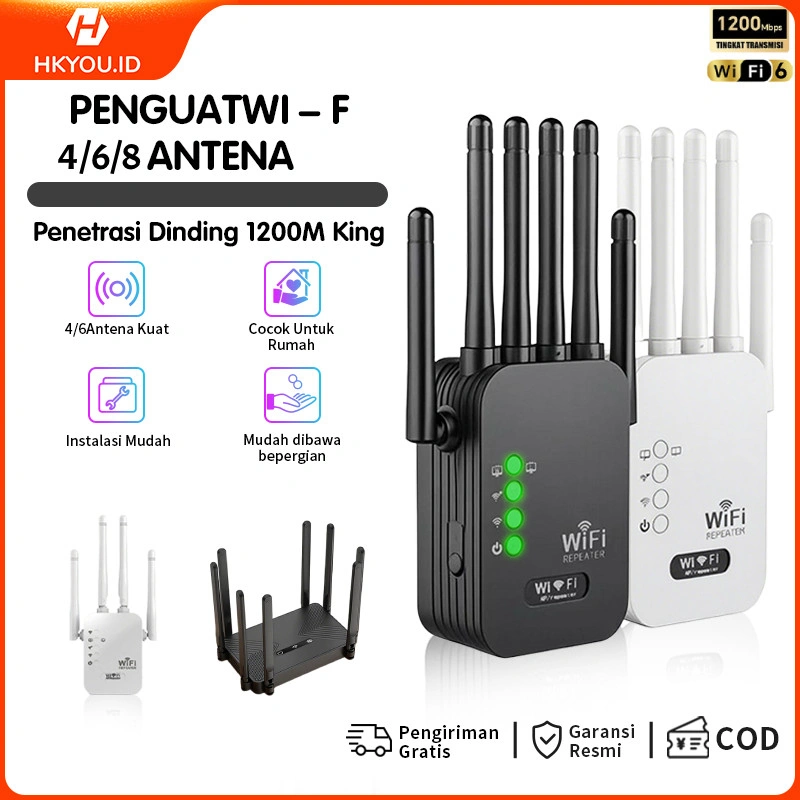 COD Repeater WiFi 1200Mbps Dual Band 2.4G Penguat Sinyal Internet Tinggi 8/6/4 Antena Extender Jaringan Wireless Long Range Dukungan Mode AP Repeater Mudah Dipasang untuk Rumah Kantor