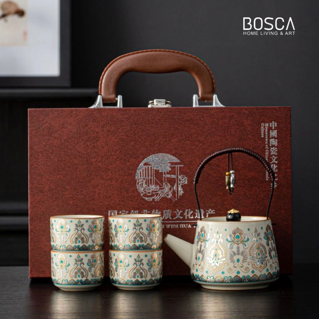 Bosca Living - Heritage Chinese Tea Set 5 pcs in 1/ Teapot Gift Set / Tradition Set Cangkir Teh dan Teko Keramik dengan Tatakan Nampan Wooden Tea Tray / Hampers Tradisi Set Minum Teh Mewah Hampers Souvenir Acara / Set Tea Pot Untuk Hadiah / Tea Set Premi