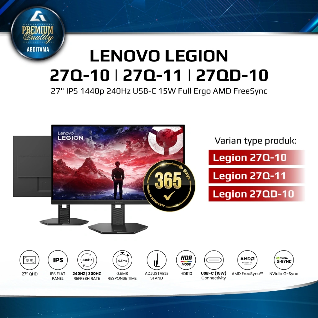 Monitor LED Lenovo Legion 27Q-10 27" 240Hz | Legion 27Q-11 27" 300Hz | Legion 27QD-10 240hz USB-C 15W | IPS 1440p 2K QHD HDMI 2.1x2 DP 1.4x1 Full Ergonomic Stand 99% sRGB and 90% DCI-P3 Delta E<2 AMD FreeSync Premium and G-Sync Compatible
