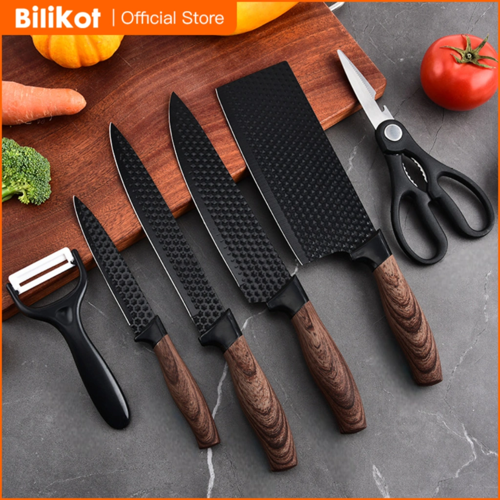 Bilikot Pisau Dapur Set 6in1 | Anti Karat Black Diamond Knives Set | High Quality Stainless Steel