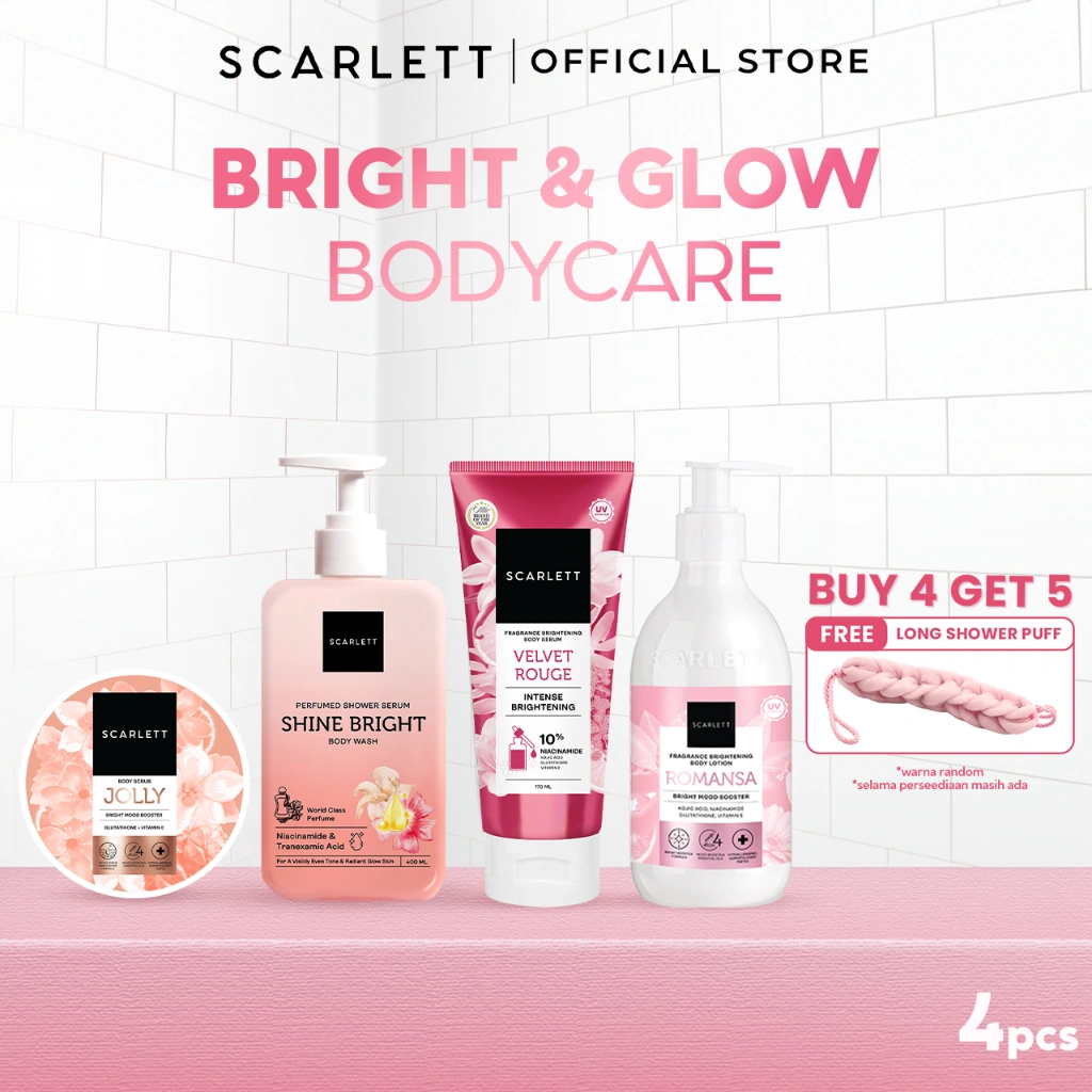 SCARLETT 4in1 Bodycare Daily Routine Body Scrub + Shower Scrub + Body Serum + Body Lotion Paket Sehari-hari Mencerahkan Kulit | Intense Mencerahkan Kulit Wangi Tahan Lama