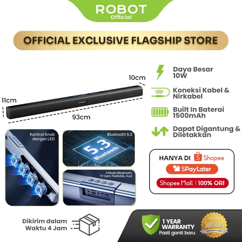 ROBOT Speaker Soundbar Home Theater Speaker TV Bluetooth 5.3 Dual Connection Ultra-compact Design RB590 Original - Garansi Resmi 1 Tahun