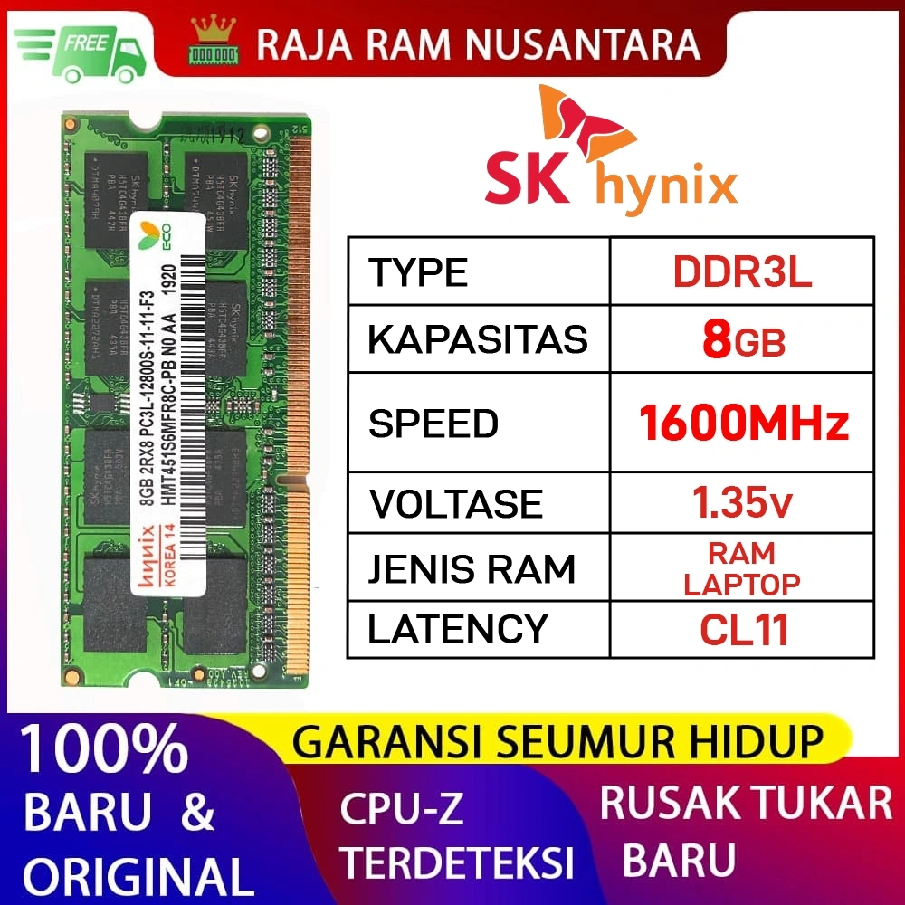 RAM LAPTOP HYNIX DDR3L 8GB 1600MHz PC 12800 1.35v ORI RAM SODIMM DDR3L 8GB