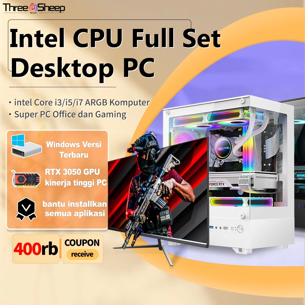 TSN PC gaming Full set 12-inti baru, intel Core CPUi5/i7 RAM16G/32GB SSD 256G/512G Komputer Desktop Perakitan Demain Game Berskala Besar VGA GTX750 RTX3050M Keyboard Mouse Gamingsain Kantor
