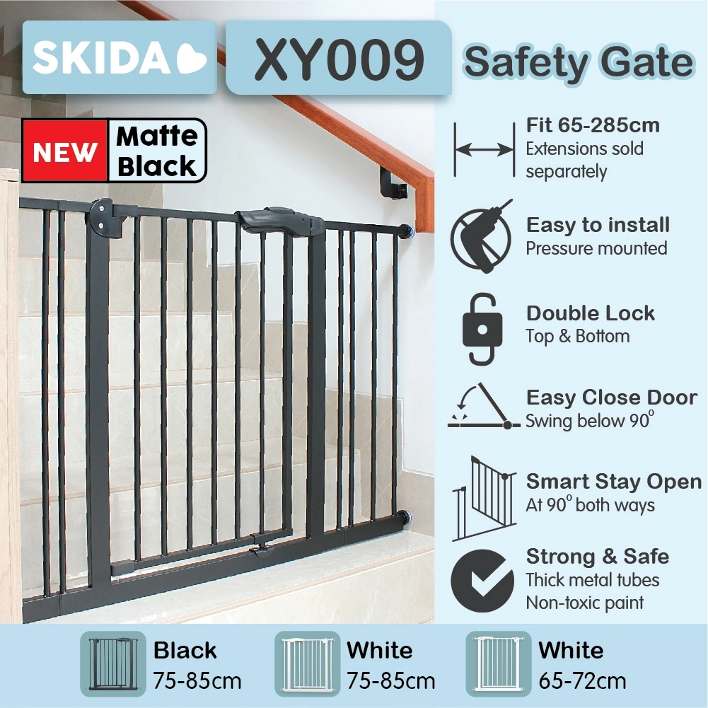 SKIDA XY009 Safety Gate Baby Safe 75-85cm / 65-72cm White Black Extension 7cm 10cm 20cm 30cm 45cm 80cm 100cm Tinggi 77cm Pagar Bayi Anjing Tangga Besi Kuat Extra Long Barrier 285cm