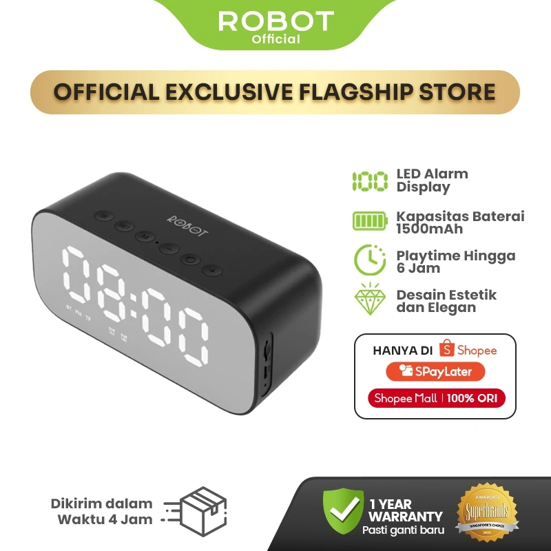 ROBOT Speaker Bluetooth RB560 LED Jam Display Dual Smart Alarm Powerful Bass Mirror Screen Suhu Real Time Bluetooth 5.0 TF Card 1500mAh 6 Jam Playtime Portable Speaker Rumah Kantor Original – Garansi Resmi 1 Tahun