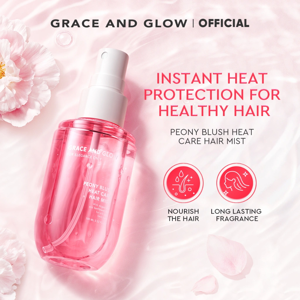 Grace and Glow Peony Blush Perfume Hair Mist | Heat Care UV Protection | - Parfum Rambut Spray untuk Melindungi Rambut dari Panas Catokan dan Sinar UV with Argan Oil + Sunflower Oil