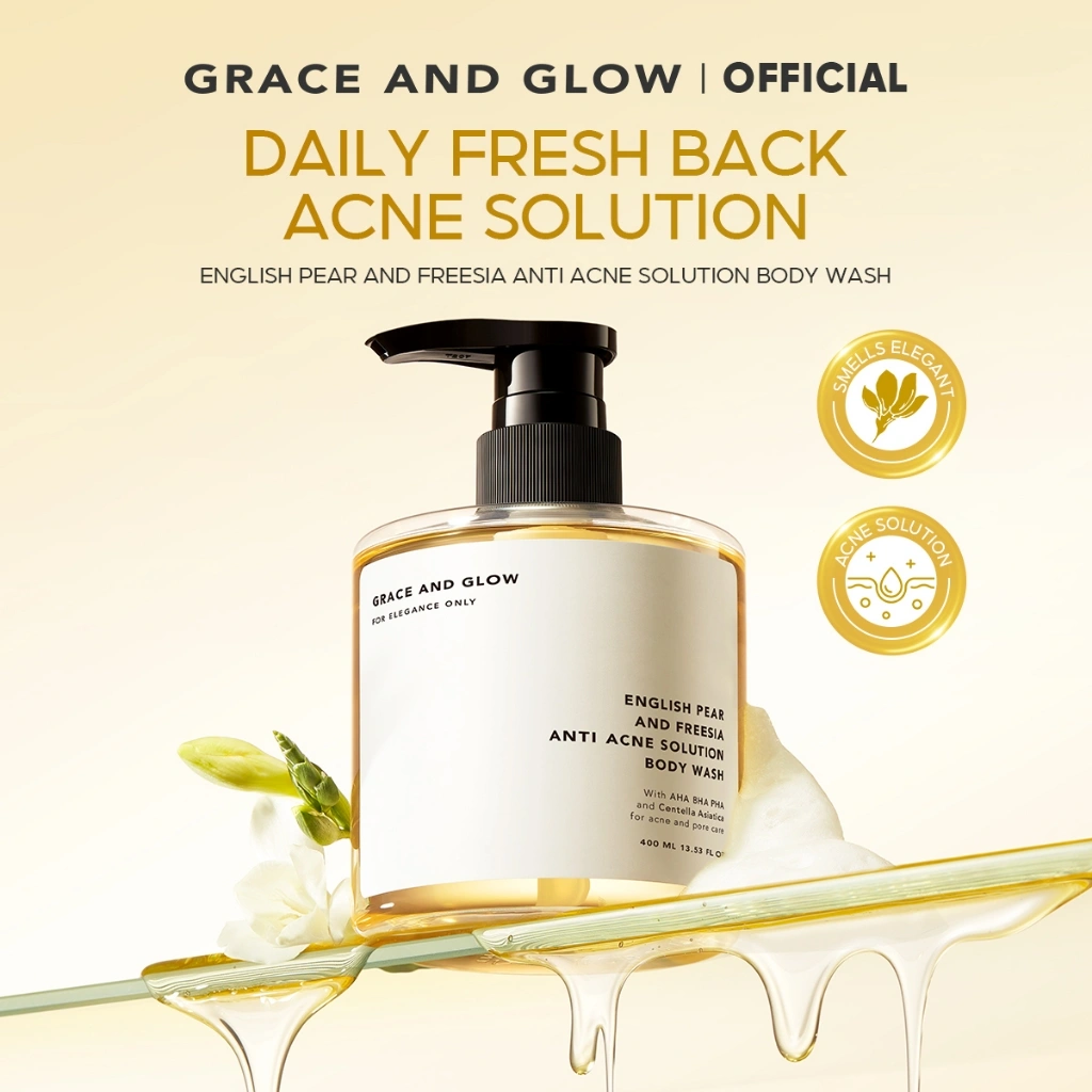 Grace and Glow English Pear and Freesia Anti Acne Body Wash | Shower Gel | Sabun Mandi Cair untuk Mengurangi Jerawat Punggung with AHA BHA PHA + Centella Asiatica
