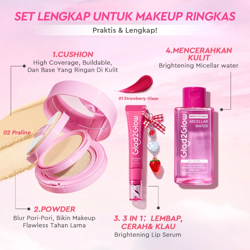 [Wajib Punya Saat Travelling] Glad2Glow 4 in 1 Flawless Makeup Set, 2in1 Perfect Pair Cushion Powder Foundation + Brightening Lip Serum 7g Mencerahkan, Melembabkan + 3-in-1 Liptint + Brightening Micellar Water 230 mL g2glow official store