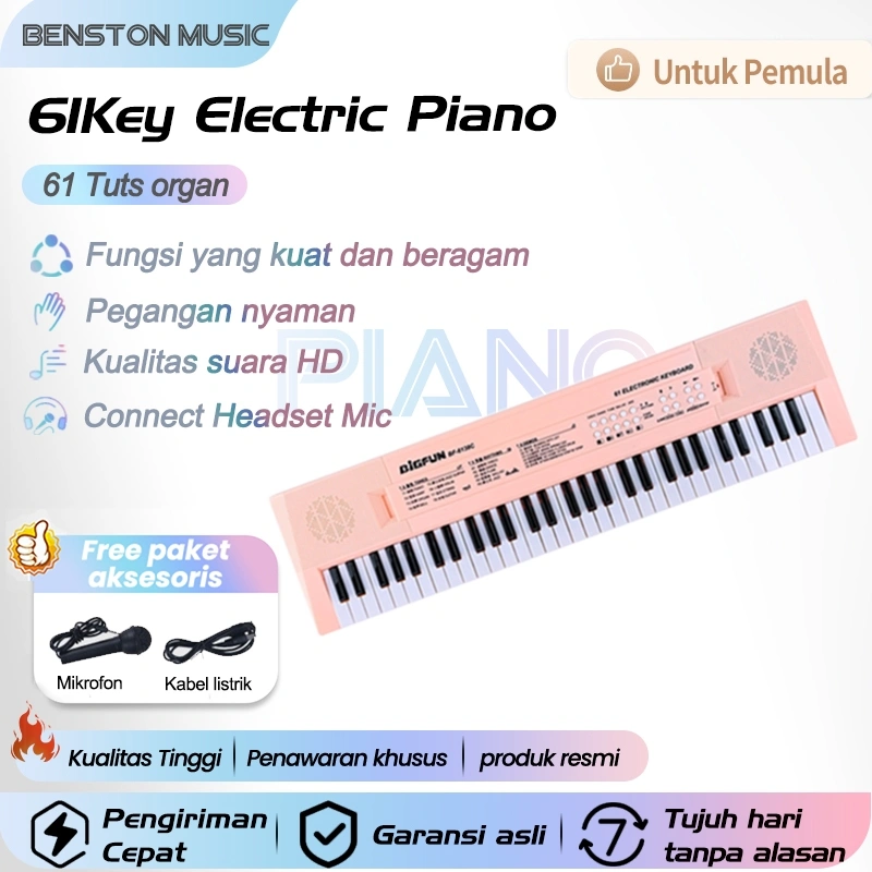 Benston Music - Piano Elektronik 61 Tuts Multifungsi untuk anak, cocok untuk pemula, dilengkapi dengan mikrofon, pengisian USB, dan fitur edukatif. Mainan piano simulasi yang menyenangkan!