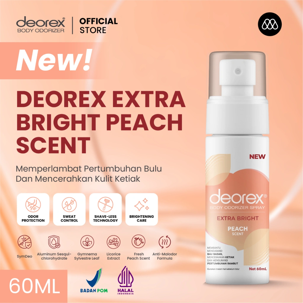 Deorex Body Odorizer Spray Extra Bright Peach Scent 60 ML Pengganti Deodorant Antiperspirant Brightening Solusi Bau Badan dan Keringat Berlebih