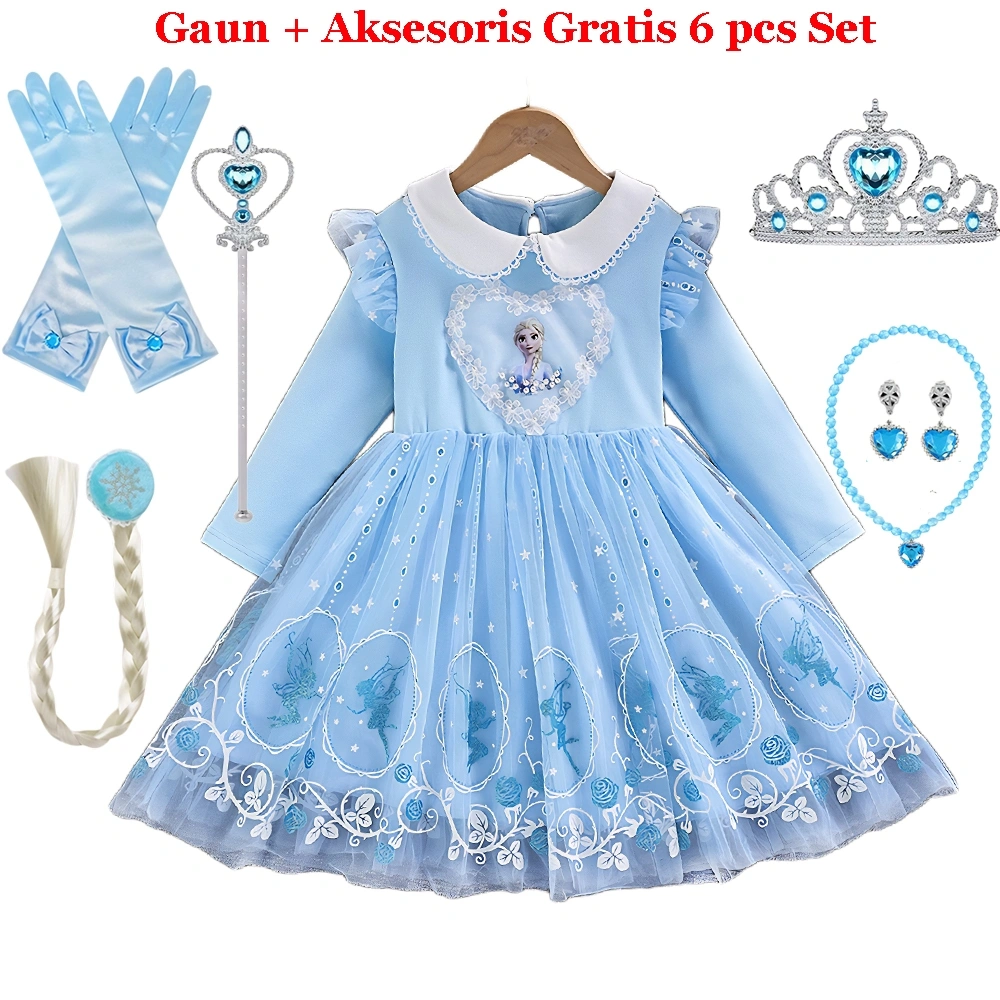 Gaun Putri Elsa + Aksesori Set 6 pcs  (Hadiah Gratis) Kostum Tutu Pesta Ulang Tahun Anak Perempuan