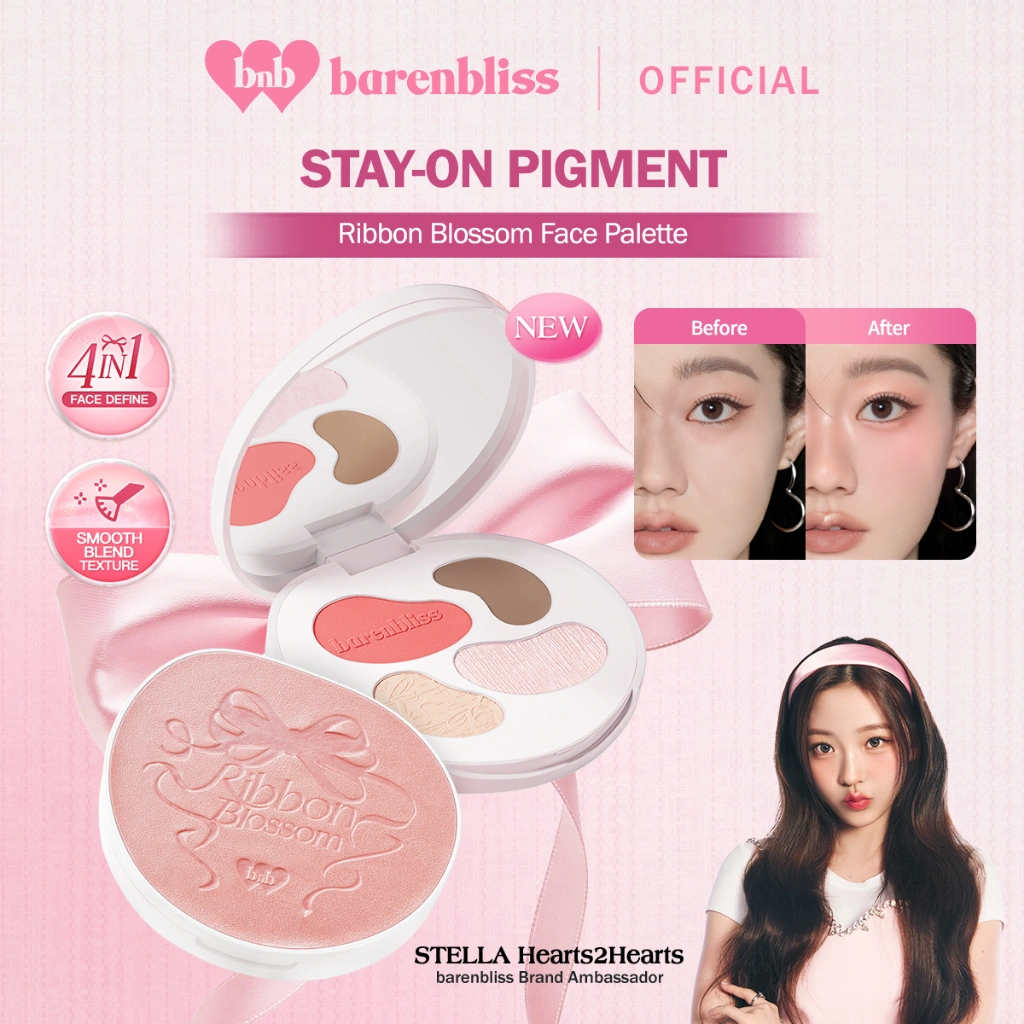 [SPECIAL PRICE] BNB barenbliss Ribbon Blossom Face Palette 9g Blush Highlight & Contour Palette Multifungsi dan Tahan hingga 24 jam Kosmetik MakeUp Make Up Korea Eyeshadow High Pigmented Waterproof Sweatproof Smudgeproof Pewarna Mata