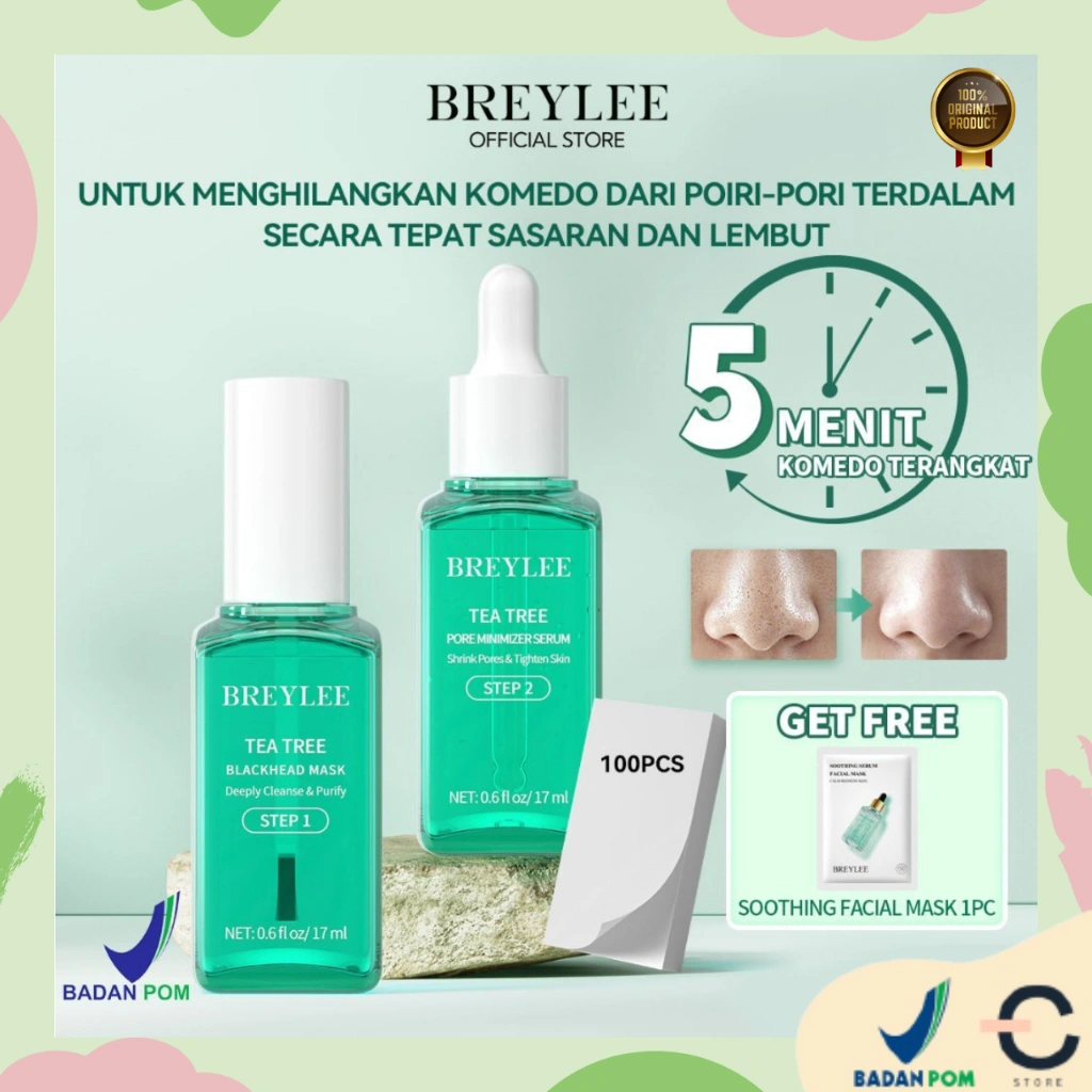 [ORI BPOM] BREYLEE Tea Tree Blackhead Mask & Pore Minimizer Serum - Masker Komedo Hidung Pengangkat Komedo Wajah Pembersih pori pori
