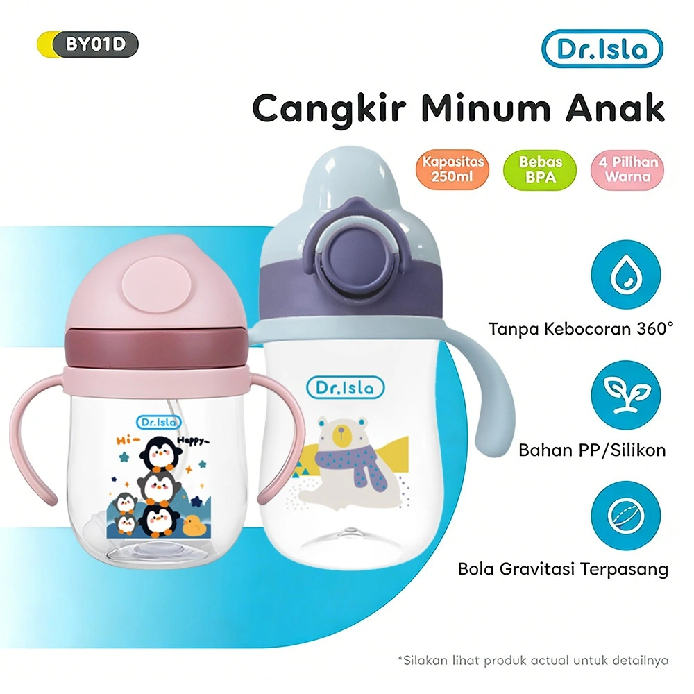 Dr.isla Botol Minum Bayi/botol minum anak/Botol Bayi 250ml Karakter Kartun Lucu Cangkir Air/Botol Air Bayi Anak Jerami Botol Air BY01