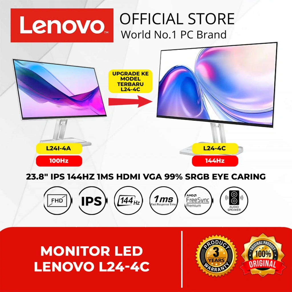 MONITOR LED LENOVO L24-4C 23.8" IPS 144HZ 1MS HDMI VGA 99% SRGB EYE CARING AMD FREESYNC