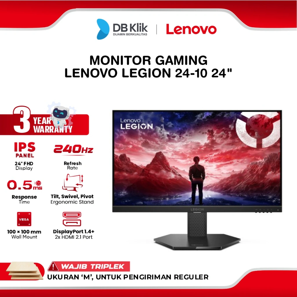 Lenovo Legion 24-10 LED Monitor Gaming 24" IPS FHD 240Hz 0.5ms AMD FreeSync HDR10 Full Ergonomic Stand HDMI DP
