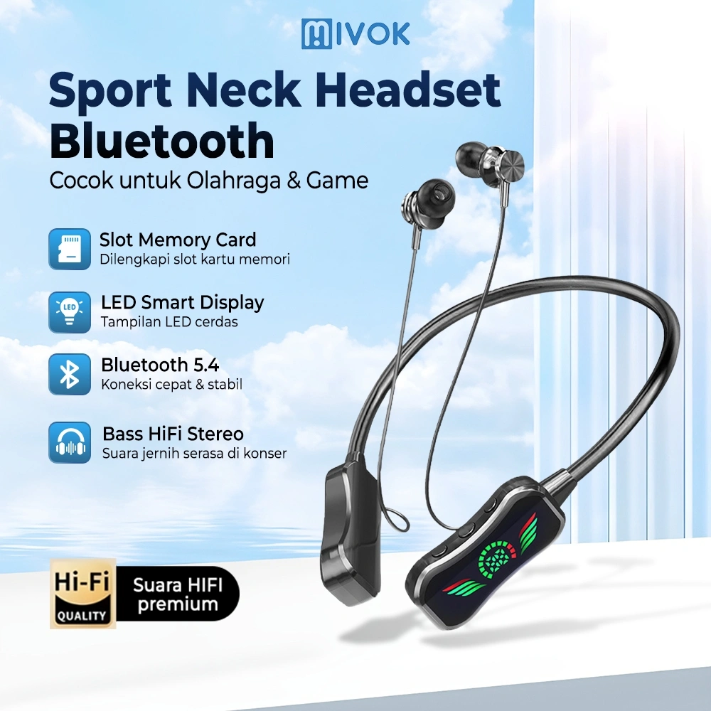 MIVOK Neckband Earphone Bluetooth 5.4 Bass Mantap Anti Air & Sweatproof - Baterai Tahan Lama 180 Jam Untuk Gym & Lari