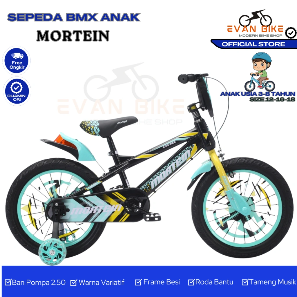 SEPEDA BMX 12" - 16" - 18" MORTEIN fitur TAMENG dengan MUsik dan lampu ban jumbo 2.50 untuk anak usia 2 tahun sampai 8 tahun
