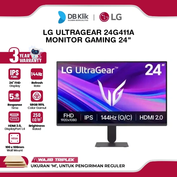 LG UltraGear 24G411A Monitor Gaming 24" IPS FHD 144Hz 5ms AMD FreeSync + NVIDIA G-SYNC HDR10 HDMI DP