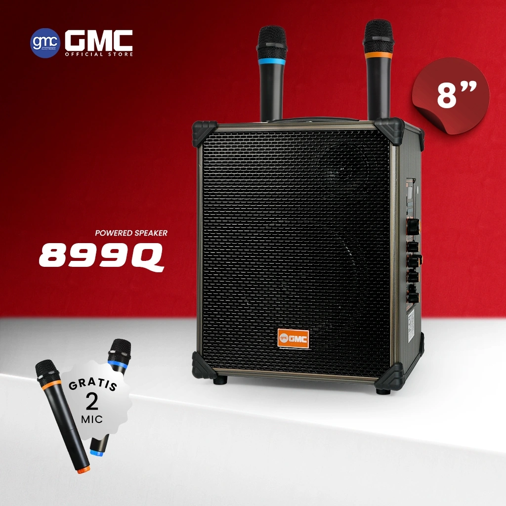 GMC Speaker 899Q – Speaker Karaoke Bluetooth 8” – 175W, 2 Mic Wireless UHF, USB, SD, AV In, Radio FM