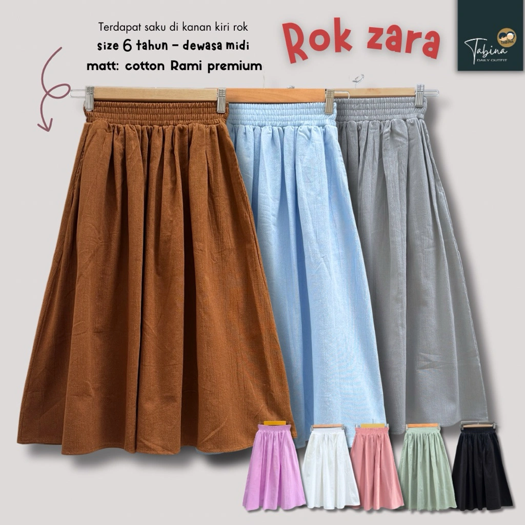 Rok Anak Remaja dan Dewasa seri Zaraa Bahan Katun Rami Premium usia 5 tahun hingga Dewasa MIDI