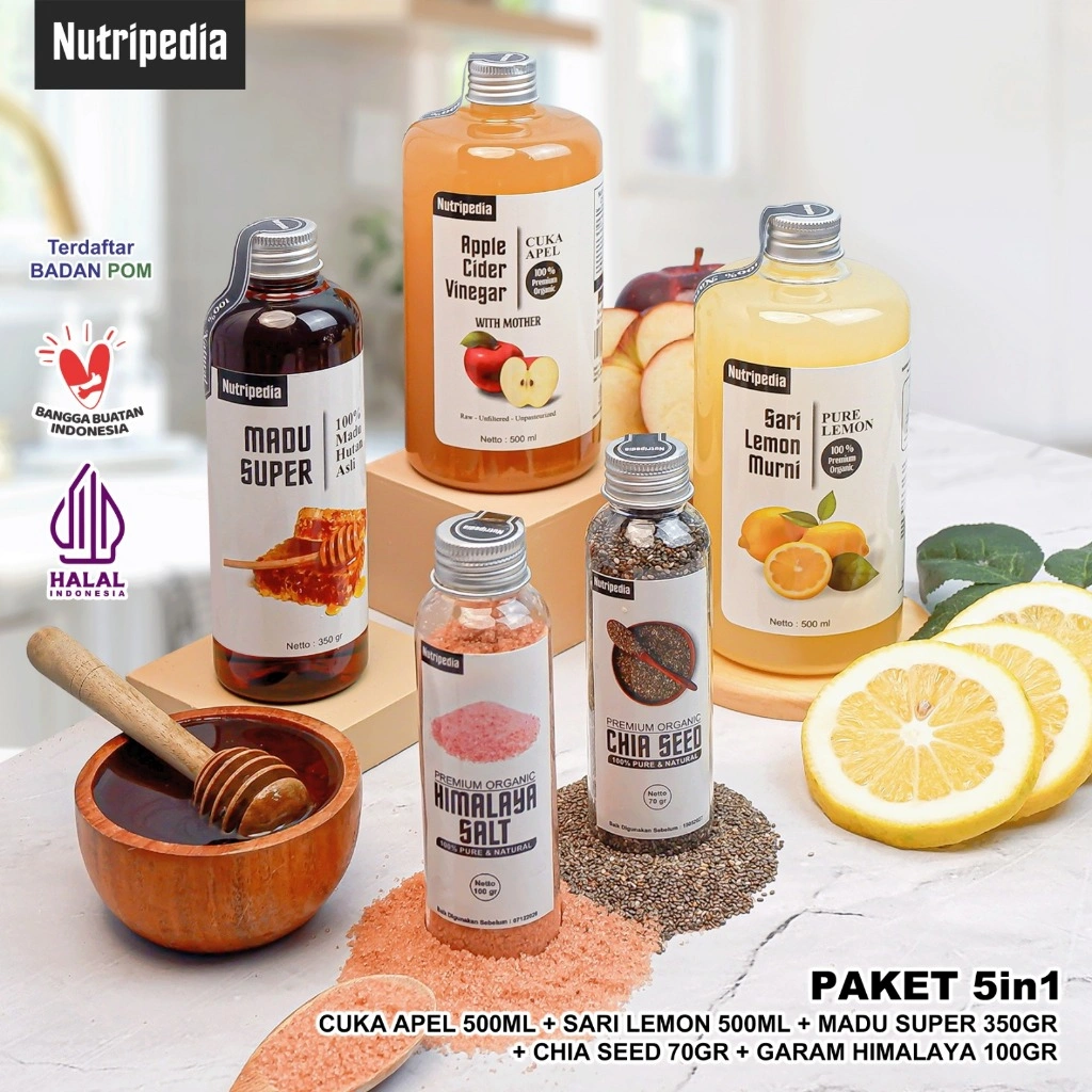 Nutripedia Paket Sehat 5in1 Jumbo - Sari Lemon, Cuka Apel, Madu Hutan, Chiaseed, Garam Himalaya