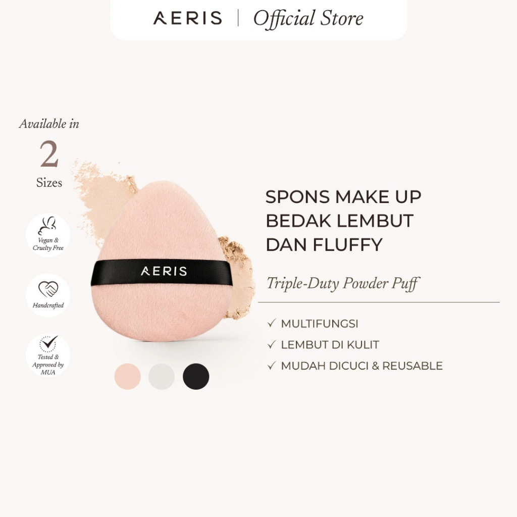Aeris Beauté Triple Duty Powder Puff | Spons Make Up Multifungsi untuk Bedak Tabur dan Padat